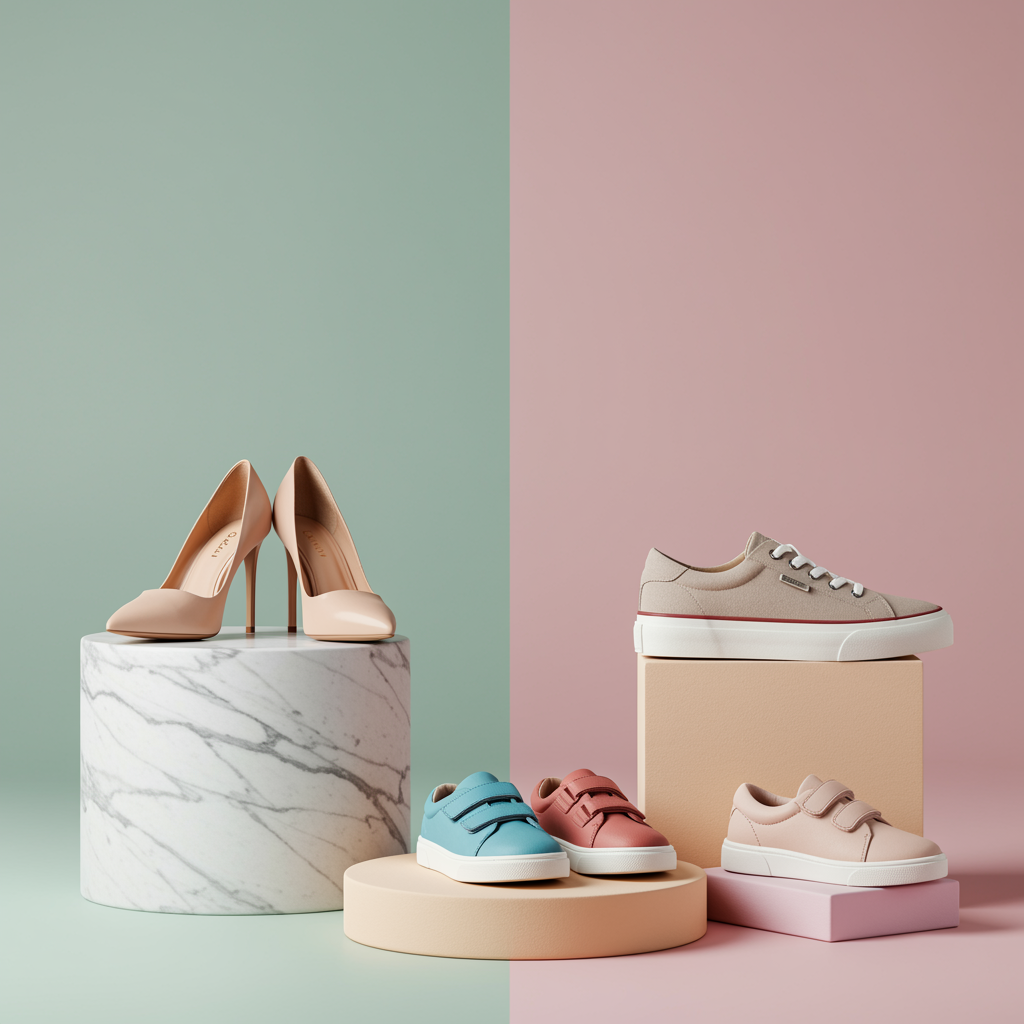 imagen1 "Collage moderno de zapatos: tacones de mujer sobre pedestal de mármol, zapatillas casuales para hombres en bloque de roble claro y coloridos zapatos infantiles en plataforma pastel."