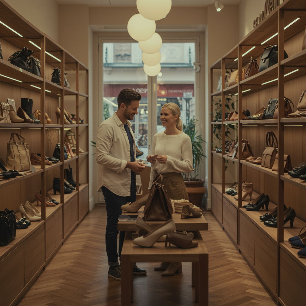 imagen5 "Interior de boutique moderna con estanterías de madera y modelos explorando zapatos y bolsos bajo luz natural, resaltando un ambiente acogedor y servicio personalizado."